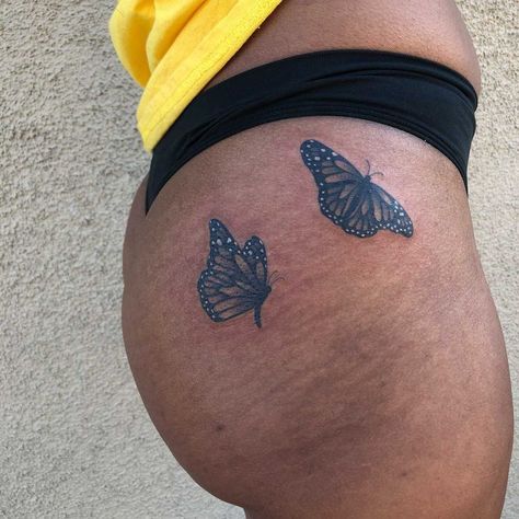 Butterfly Tattoo On Hip, Side Hip Tattoos Butterfly, Butterfly Tattoo On Buttocks, Butterfly Tattoo Buttcheek, Butterfly Buttcheek Tattoo, Hip Tattoos Women Butterflies, Butterfly Tattoo On Hip Bone, Butterfly Hip Tattoo, Butterfly Tattoo On Pelvis