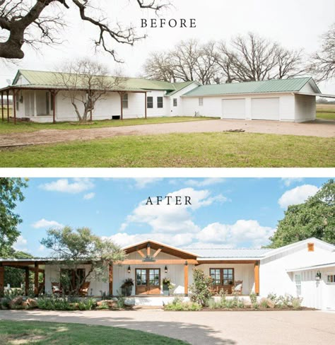 11 Best House Exterior Renovations By Joanna Gaines - Nikki's Plate Rancher Additions, Ranch House Remodel, Exterior House Renovation, Architecture Renovation, Ranch House Exterior, Ranch Remodel, Ranch Style House, Home Exterior Makeover, Exterior Renovation