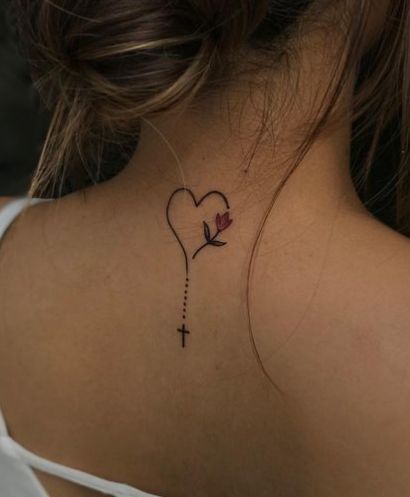 Heart With Lily Flower Back Neck Tattoos Women Back Neck Tattoo Designs For Women, Tattoos For Women Back Of Neck, Small Back Neck Tattoo For Women, Neck Tatoos Woman, Back Of Neck Tattoos For Women Unique, Back Neck Tattoos Women, Back Of The Neck Tattoos For Women, Behind The Neck Tattoos For Women, Cute Neck Tattoos