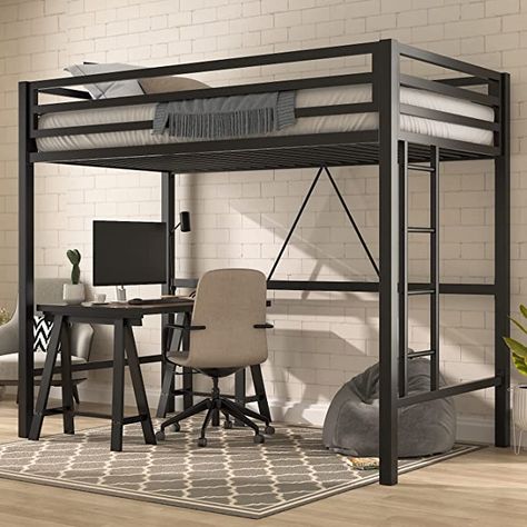 Bed With Desk Underneath, Loft Bed Twin, Bed Twin Size, Metal Loft Bed, Bunk Bed Loft, Loft Bed Frame, Bed With Desk, Twin Size Loft Bed, Bed Twin