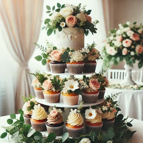 Images of Cupcake Cake Wedding Cake 6 Cupcake Tiered Cake, Macarons Wedding Cake, Cupcake With Flowers, Wedding Cakes Cupcakes, Wedding Cake With Cupcakes Display, Small Wedding Cake With Cupcakes, Cupcake Display Ideas Wedding, Cupcake Cake Wedding, Cupcake Tier Cake