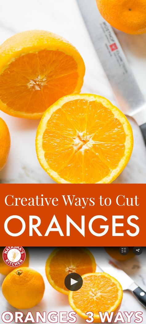 Watch this video on how to cut an orange in 3 creative ways. Oranges are perfect for decorating cakes, creating beautiful fruit platters, and in salads! | natashaskitchen.com Oranges On Fruit Platter, How To Slice Oranges For Fruit Tray, Charcuterie Board Orange Slices, Orange Slice Garnish, Fresh Fruit Platter Display Ideas, Oranges On Charcuterie Board, Charcuterie Board With Oranges, Fruit Salads For Parties Creative, How To Cut Fruit Fancy