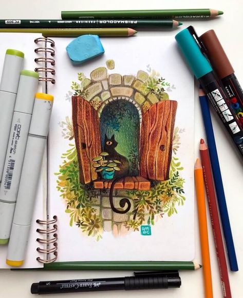 color pencil and watercolor drawing Arts To Draw, Skecth Arts, Pencil Colours Art Drawings, Cat Waiting, Art And Drawing, Color Pencil Sketch, Color Pencil Illustration, Colored Pencil Artwork, Posca Art