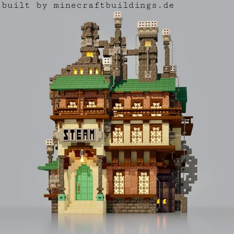 Minecraft Steampunk Bridge, Science Lab Minecraft, Steam Punk Minecraft House, Steampunk Building Minecraft, Minecraft Factory Interior, Steam Punk Minecraft Builds, Steampunk Building Concept Art, Steampunk Bridge, Minecraft Steampunk Ideas