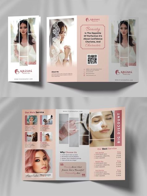 Beauty Wedding Salon Trifold Brochure Template InDesign. 2 sides: A4, A5 and US Letter. Beauty Brochures, Spa Brochure, Wedding Salon, Modern Brochures, Trifold Brochure Design, Graphic Design Infographic, Wedding Brochure, Trifold Brochure Template, Trifold Brochure