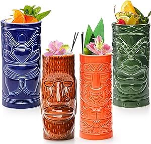 ZEAYEA Set of 4 Tiki Mugs, Large Ceramic Hawaiian Party Mugs for Cocktail, Tiki Bar Professional Hawaiian Party Barware, Dishwasher Safe Tiki Cups, Tiki Glasses, Hawaiian Cocktails, Tropical Drinks, Tiki Mugs, Tiki Statues, Tropical Drink, Hawaiian Party, Brown And Orange