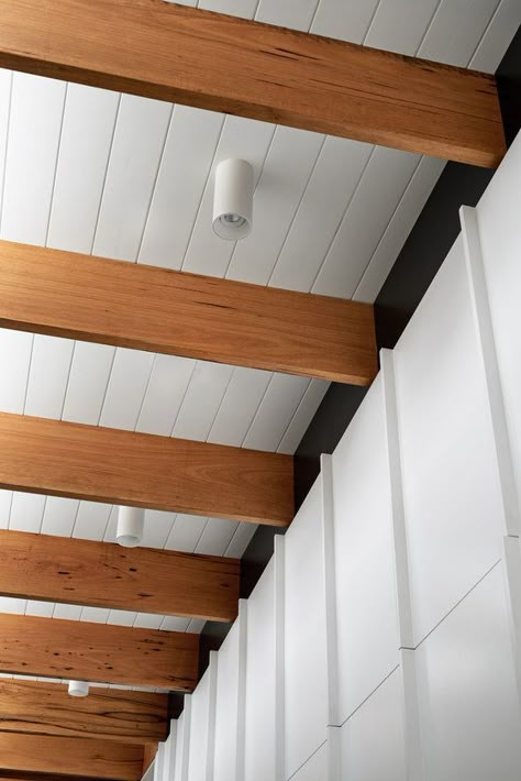 Melbourne House 5 Dutch Colonial House, Bungalow Living Room, Californian Bungalow, Wooden Ceiling Design, Brighton Houses, Timber Ceiling, Timber Beams, Wood Beam Ceiling, Melbourne House