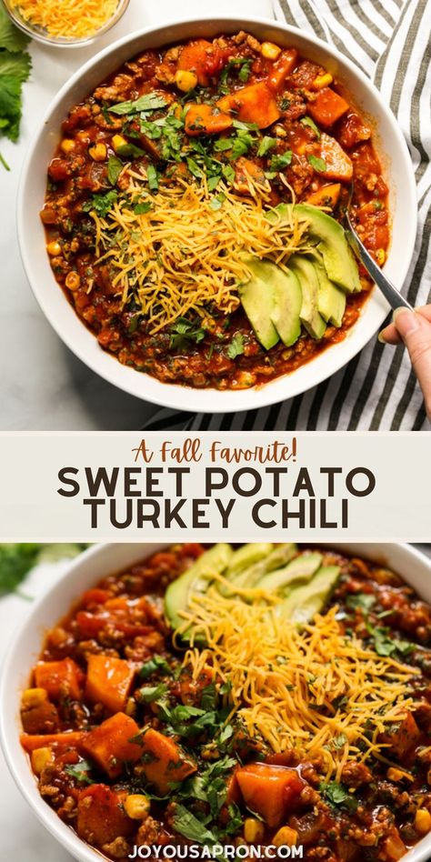 Sweet Potato Turkey Chili - healthy, yummy and easy Fall soup and chili recipe with ground turkey, sweet potatoes, tomatoes and corn. A yummy comfort food dinner for kids and adults. Perfect for meal prep and leftovers as well. Fall Soup Healthy, Easy Healthy Fall Dinners, Whole Food Fall Recipes, Fall Healthy Recipes Dinner, Fall Whole Food Recipes, Good Fall Recipes, Chili With Sweet Potato, Sweet Potato Fall Recipes, Meal With Sweet Potato