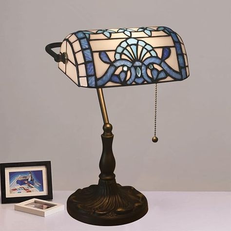 Tiffany Style Bankers Table Lamp Stained Glass Piano Desk Lamp Vintage Bedroom Bedside Lamp for Study,Antique Alloy Base,Zipper Switch,Blue Baroque - Amazon.com Glass Piano, Piano Desk, Handcrafted Lamp, Bankers Lamp, Tiffany Table Lamps, Dinner Room, Bedroom Bedside Lamp, Small Lamp, Vintage Bedroom