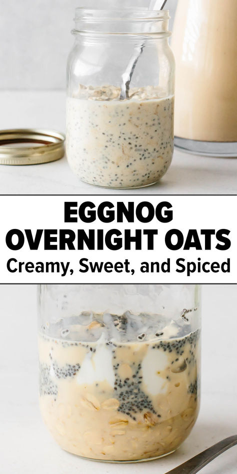 Eggnog overnight oats recipe Egg Nog Overnight Oats, Eggnog Overnight Oats, Yum Breakfast, Creamy Eggnog, Breakfast Oats, Chia Overnight Oats, Almond Smoothie, Easy Gluten Free Desserts, Egg Nog