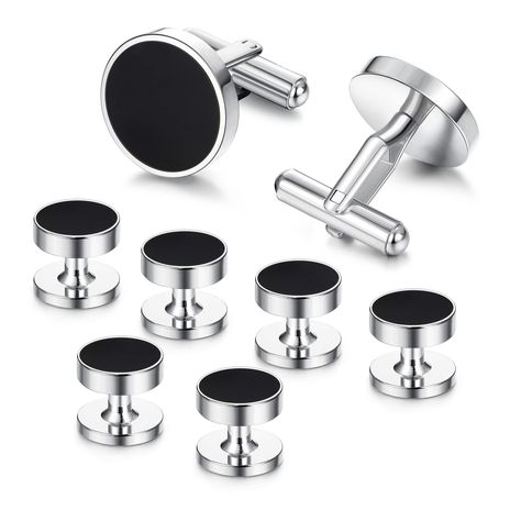 PRICES MAY VARY. Trendy Tuxedo Studs and Cufflinks Set: Classic round onyx cuff links and studs set. One order includes 1 pairs of men's cufflinks and 3 pairs of button studs for clothing, great value for men's everyday outfits. Classic black outside with a silver (gold) body that matches any colour shirt/tie/vest/tuxedo, will be always in trend. High-Quality Handmade Tuxedo Studs: These shiny tuxedos buttons are made of high-quality stainless steel, free from tarnishing and rusting. Smooth surf Vest Tuxedo, Tie Vest, Tuxedo Studs, Studded Accessories, Button Studs, Classic Tuxedo, Accessories Classic, Gold Bodies, Shirt Tie