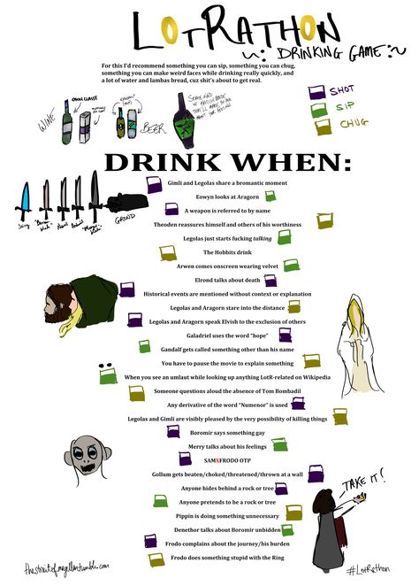 LOTR Drinking Game. You're so nice I'll pin a variation :P Lotr Drinking Game, Lord Of The Rings Drinking Game, Lotr Marathon Ideas, Lotr Party Games, Lotr Feast, Lotr Food, Patio Bohemio, Lotr Marathon, Lotr Birthday