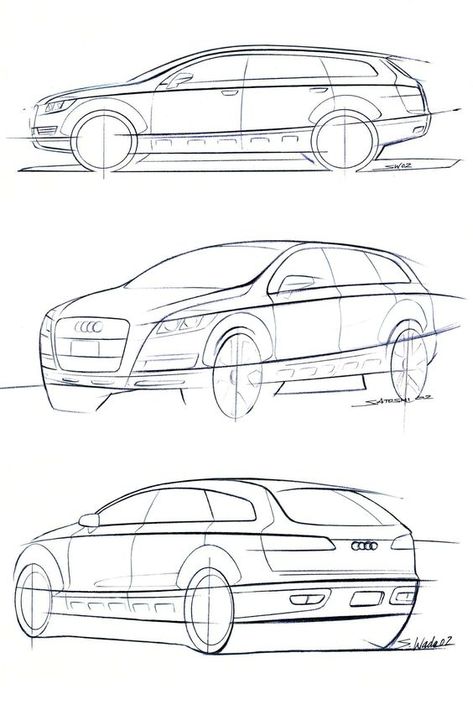 proportion3 Car sketches showcasing side, front, and rear views of a sleek, modern SUV concept design. | Sky Rye Design Car Design Sketch Draw, Allroad Audi, Audi A6 Avant, A6 Avant, Cool Car Drawings, Car Artwork, Industrial Design Sketch, Car Design Sketch, Concept Car Design