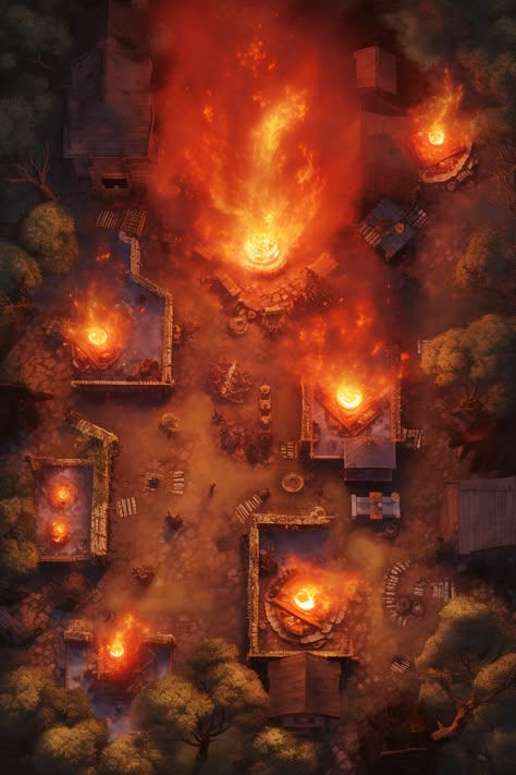 Village Battlemap, Burning Village, Beautiful Maps, Battlemaps Dnd, Dnd Spells, Burning City, Isometric Map, Village Map, Dnd World Map