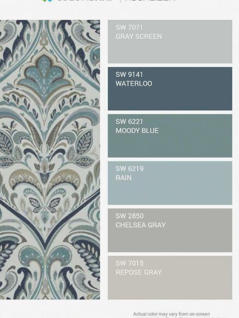 Gray Blue And Sage Living Room, Sage And Blue Color Palette, Interior Paint Ideas, Nola House, Paint Pallets, Brown Room, Interior Paint Colors Schemes, Moody Decor, House Color Palettes