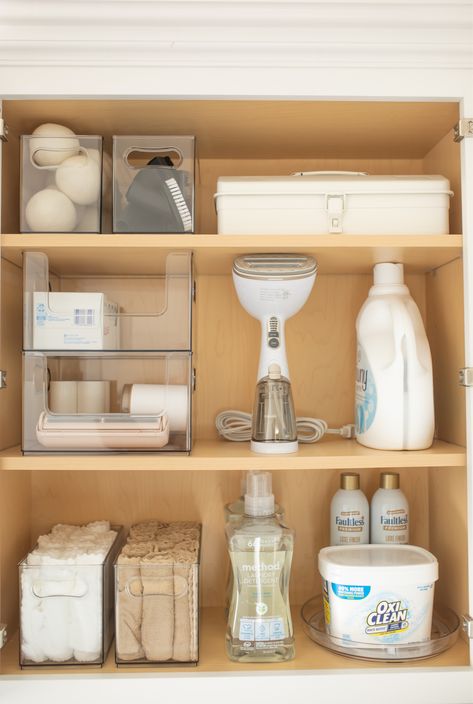 Laundry Cabinet Storage, Minimal Laundry Room Organization, Minimalism Organization Aesthetic, Laundry Cabinet Organization Ideas, Hair Dryer And Curling Iron Storage, Laundry Room Drawer Organization, Cleaning Product Storage Ideas, Aesthetic Laundry Organization, Laundry Room Cupboard Organization