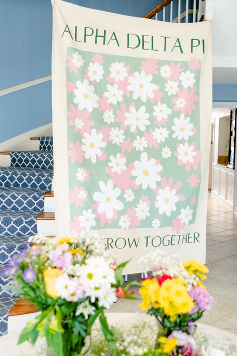 Garden Party Banner, Sorority Banner Recruitment, Grass Is Greener Bid Day, Palooza Bid Day Theme, Floral Bid Day Theme, Flower Sorority Banner, Spring Formal Decorations, Floral Sorority Banner, In Full Bloom Bid Day