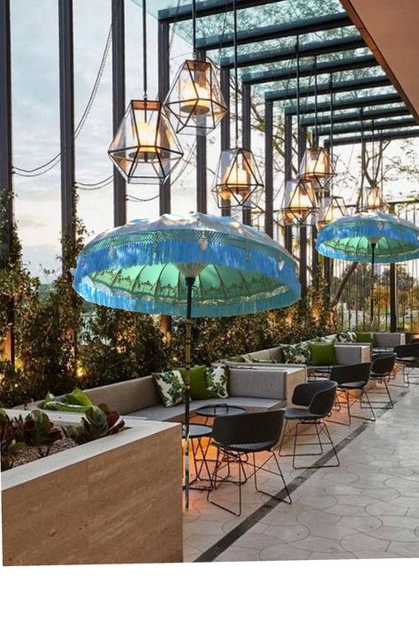 Umbrella Canopy Outdoor, Cafe Umbrellas Outdoor, Terrace Cafe Design, Rooftop Landscape, Penthouse Garden, Pink Canopy, Outdoor Restaurant Patio, Rooftop Bars Nyc, Roof Garden Design