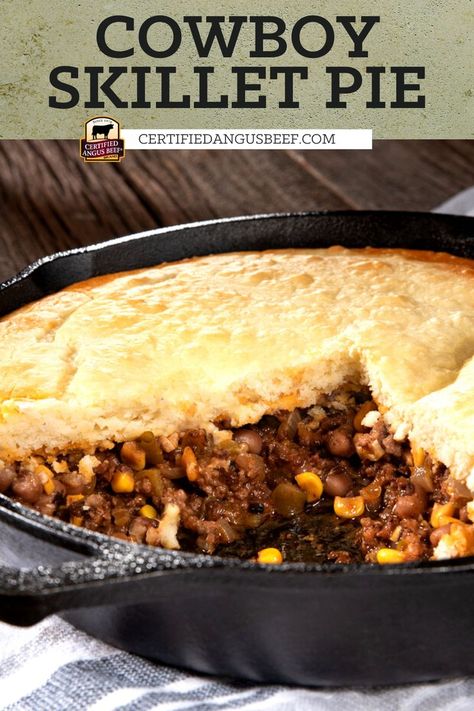 Cowboy Skillet, Cowboy Pie, Cowboy Cornbread Casserole, Beef Pie Recipe, Skillet Pie, Cowboy Cornbread, Beef Pie, Buttermilk Biscuit, Beef Pies