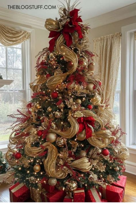 60 Christmas Tree Decor Ideas to Inspired You Christmas Ribbon For Trees, Red And Gold Tree Christmas, Red And Gold Decorated Christmas Trees, Christmas Tree Ideas Classy Red And Gold, Traditional Color Christmas Tree, How To Place Ribbon On Xmas Tree, Ribbon Decor On Christmas Tree, Gold And Red Christmas Decorations Ideas, Grey And Red Christmas Tree