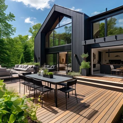 Black Barndominium Ideas - Merge Modern Luxury & Rustic Aesthetics Black Cabin Exterior, Black And Wood House, House Exterior Aesthetic, Scandinavian Home Exterior, Scandinavian Modern House, Black Modern Farmhouse, Summer House Design, Black Interiors, Wooden House Design