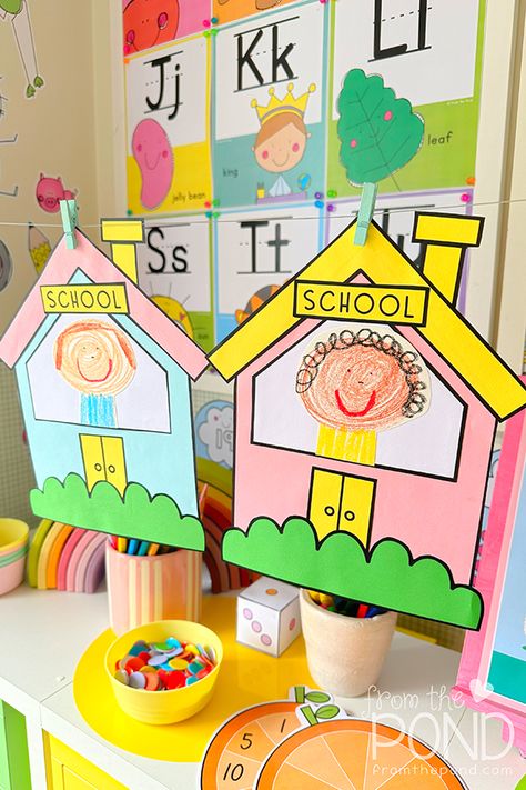 back to school craft for kindergarten Kindergarten Open House Craft, Building Preschool Crafts, School Drawing Easy, School Themed Crafts, Easy Back To School Crafts, Back To School Art Activity, Craft For Kindergarten, School Kids Crafts, Printable School