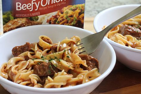 Try this Easy Beef and Noodles Recipe that is Perfect for for a Simple and Delicious Family Meal - Made with LIpton Beefy Onion Soup Mix Beef Stew With Lipton Onion Soup, Lipton Soup Recipes, Lipton Beefy Onion Soup Mix Recipes, Beef Stroganoff Lipton Onion Soup, Beefy Onion Soup Mix Recipes, Easy Beef And Noodles, Easy Mini Meatloaf Recipe, Easy Beef And Noodles Recipe, Beefy Onion Soup