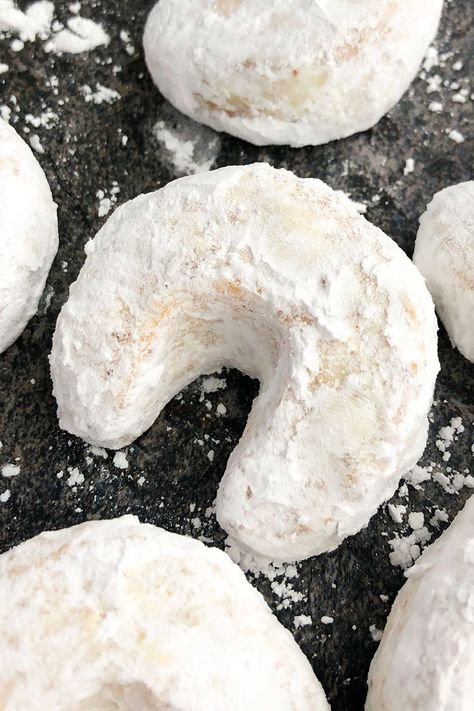 Almond Crescent Cookies (Vanillekipferl) Almond Crescent Cookies Recipes, Almond Crescents, Best Shortbread, Almond Crescent Cookies, German Christmas Cookies, Dark Chocolate Bark, Classic Old Fashioned, Butter Cookies Easy, Crescent Cookies