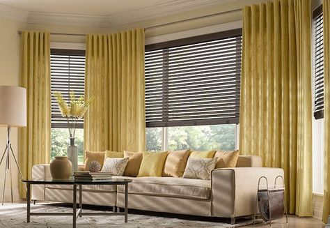 Blinds And Curtains Together, Graber Blinds, Yellow Drapes, Window Treatments Living Room, Faux Wood Blinds, House Blinds, Honeycomb Blinds, Wood Blinds, Window Room