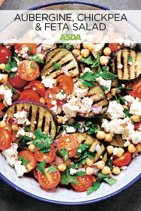 Grilled Aubergine Salad, Aubergine Salad Recipes, Chickpeas Meals, Chickpea Feta Salad, Sumac Dressing, Chickpea Feta, Asda Recipes, Healthy Challenge, Aubergine Salad