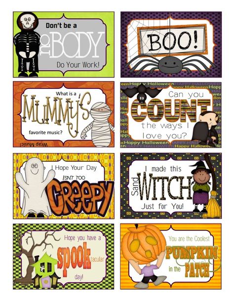 Do your kids love to find notes from you in their lunchbox? (Remember our attempt to keep up with the preschool Joneses last year with notes in lunchboxes? That was fun.) Kids love notes from home.... Halloween Lunchbox Notes, Craft Ideas Halloween, Halloween Lunch Box Notes, Lunch Box Cards, Kids Lunch Box Notes, Halloween Lunch Box, Frozen Halloween, Halloween Lunch, Lunchbox Jokes