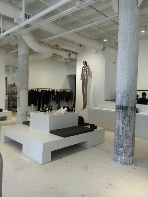 Rick Owens store interior, Miami Minimal Store Interior, Rick Owens Store Interior, Rick Owens Interior, Rick Owens House, Luxury Store Interior, Rick Owens Aesthetic, Rick Owens Store, Retail Clothing Display, Brutalist Interior