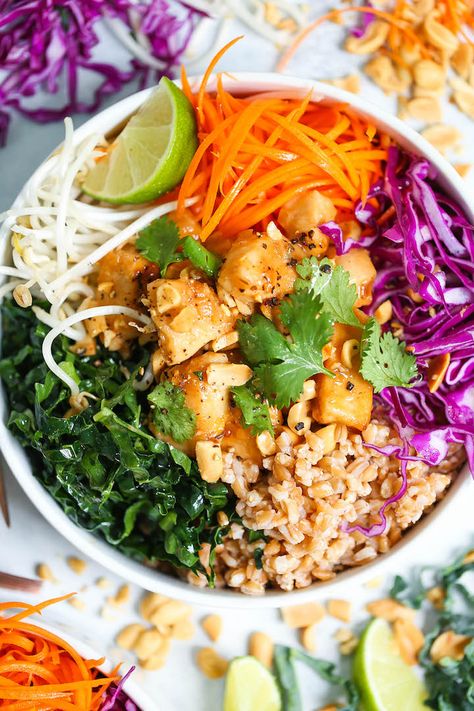 Thai Chicken Buddha Bowls - Damn Delicious Chicken Buddha Bowl, Thai Peanut Chicken, Spicy Peanut Sauce, Thai Peanut, Buddha Bowls, Peanut Chicken, Healthy Grains, Thai Chicken, Cheese Salad