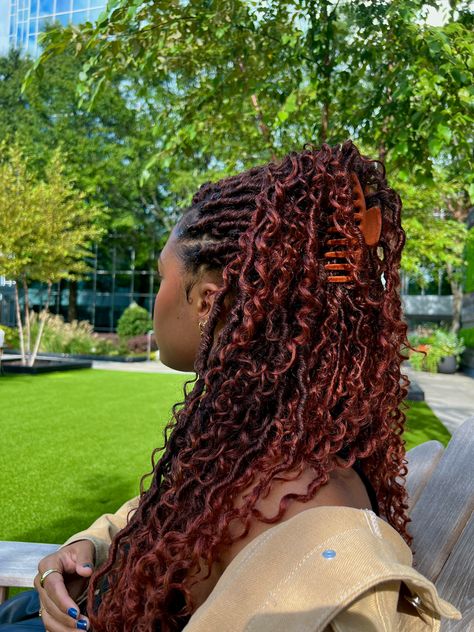 Bohemian Soft Locs With Color, Locs Female, Bohemian Locs Black Women, Faux Locs With Curls, Soft Locs With Curls, Bohemian Soft Locs, Claw Clip Styles, Female Loc Styles, Locs With Curls