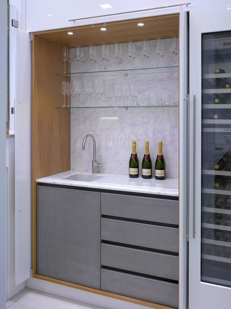 Bespoke British Kitchens, Wardrobes + Furniture - Innovative Contemporary Design from Roundhouse Kitchen Wine Fridge, Bespoke Wardrobes, Bar Nook, British Kitchen, Cherry Furniture, Contemporary Entryway, Bar Sala, Contemporary Door, Hidden Kitchen