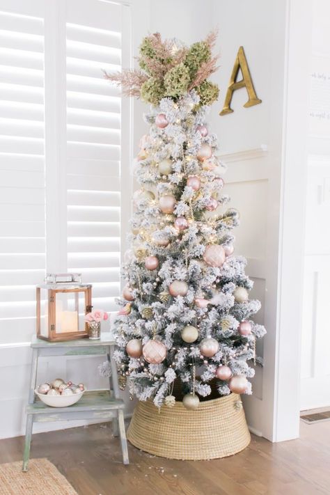 Modern Farmhouse Christmas Home Tour Office _003 Gold Flocked Christmas Tree, Rose Gold Christmas Decorations, Flocked Christmas Tree, Living Room Christmas, Silver Christmas Decorations, Flocked Christmas Trees Decorated, Rose Gold Christmas, Christmas Tours, Gold Christmas Decorations