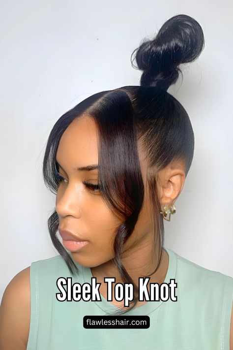 Sleek Top Knot Top Knot Ponytail Black Women, Swoop Knot Bun, Top Knot Bun Black Women, Sleek Top Knot Bun, Messy Bun Quick, Top Knot With Bangs, Sleek Top Knot, Selfcare Goals, Long Ponytail Hairstyles