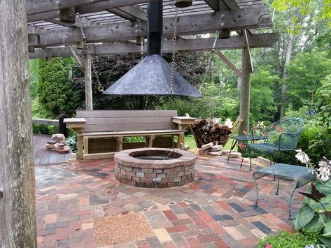 exterior - Will a fire pit damage my patio's ceiling? - Home Improvement Stack Exchange Fire Pit Hood, Fire Pit Chimney, Diy Fire Pit Ideas, Cheap Fire Pit, Indoor Fire Pit, Outside Fire Pits, Fire Pit Materials, Backyard Gazebo, Pergola Design