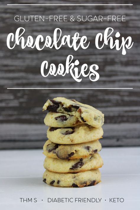 Use this recipe to make Gluten-Free Sugar-Free Chocolate Chip Cookies. These cookies are soft and chewy and stay that way for many days after. By far the best recipe I’ve found or created for Gluten-Free Sugar-Free Chocolate Chip Cookies.  #diabeticfriendly #keto #thm #cookies #chocolate #glutenfree #sugarfree Sugar Free Chocolate Chip Cookies, Trim Healthy Mama Dessert, Trim Healthy Recipes, Trim Healthy Momma, Thm Desserts, Sugar Free Chocolate Chips, Choc Chip Cookies, Thm Recipes, Gf Desserts