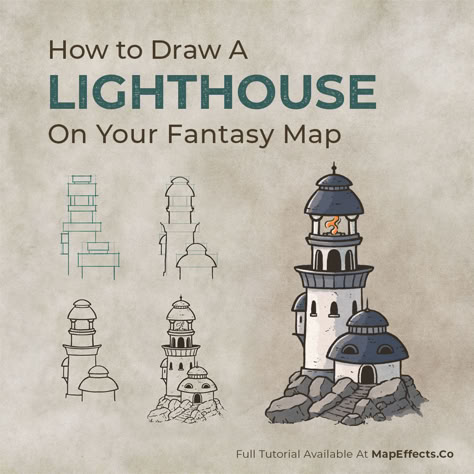 Tutorial on how to draw a lighthouse icon on a fantasy map How To Draw Cities On Fantasy Maps, Fantasy Maps Drawing, Creating Fantasy Maps, Fantasy Map Making Symbols, Fantasy Map Icons Simple, Fantasy Map Icons, Fantasy Map Lighthouse, Draw A Lighthouse, Draw Map