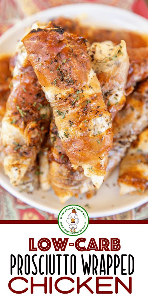 Low-Carb Prosciutto Wrapped Chicken - dangerously delicious! So simple to make with only 4 ingredients. Chicken, Italian seasoning, mozzarella cheese, and prosciutto. Ready to eat in 20 minutes! We make these at least once a month. Great with pasta, risotto, or asparagus for a Keto and low-carb friendly meal. #keto #lowcarb #glutenfree #chicken #prosciutto Chicken Italian Seasoning, Chicken Prosciutto, Prosciutto Wrapped Chicken, Chicken Italian, Carb Friendly Recipes, Prosciutto Wrapped, Low Carb Low Fat Recipes, Low Carb Veggies, Wrapped Chicken