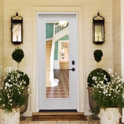 36 in. x 80 in. Premium Full Lite Primed White Fiberglass Prehung Front Door Tropical Doors, Fiberglass Entry Doors, Exterior Doors With Glass, Modern Front Door, Exterior Front Doors, Fiberglass Door, Entrance Design, Glass Front Door, Entry Door