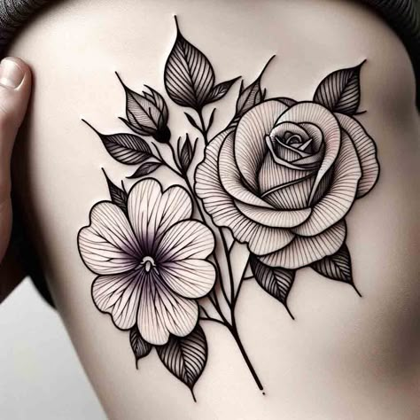 Violets And Roses Tattoo, Violet Tattoo Flower Black And White, Violet And Rose Flower Tattoo, Prim Rose Flower Tattoo, Rose And Violet Tattoo, Violet Rose Tattoo, Birth Flowers February, Violet And Rose Tattoo, Rose And Carnation Tattoo