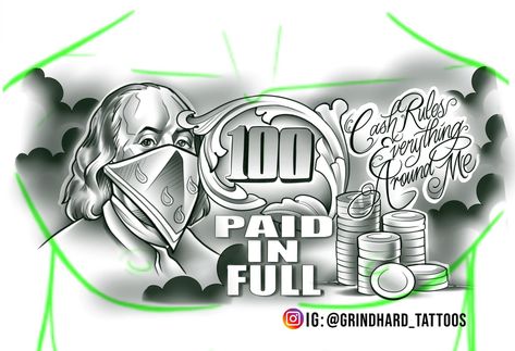 Paid In Full Tattoo, Money Sleeve Tattoos, Full Chest Tattoo Men, Fye Tattoos, Chest Tattoo Men Ideas, Tattoo Men Ideas, Lion Cub Tattoo, Money Tattoos, Cub Tattoo