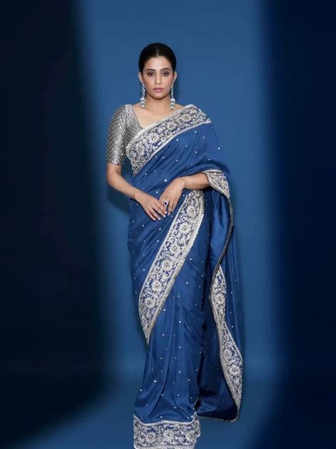 Priya Mani looks breathtaking in a stunning blue saree by 'Sue Mue', adorned with silver thread, white stones & a silver lace hemline. Priya Mani, Web Stories, White Stones, Blue Saree, Elegant Drapes, Silver Lace, White Stone, Western Fashion, Thread