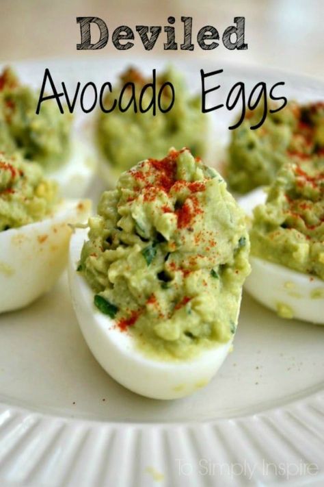 Deviled Avocado Eggs are an amazing healthy alternative to traditional deviled eggs. Deviled Avocado Eggs are an amazing healthy alternative to traditional deviled eggs. | www.ToSimplyInspire.com #avocadoeggs #deviledeggs #healthy #avocadodeviledeggs Traditional Deviled Eggs, Avocado Eggs, Avocado Dessert, Avocado Recipes, Avocado Egg, Lunch Snacks, Deviled Eggs, Egg Recipes, Whole 30