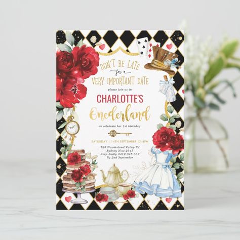 Alice in Onederland Red Roses 1st Birthday Tea Invitation | #aliceinwonderland #madhatter #watercolorgardenflowers #watercolorroses #girls1stfirstbirthday #onederlandteaparty #highteacaketeapotteacup #storybookfairytalemagical #redfloral #redblackgoldglitter Teaparty Birthday, Tea Party Baby Shower Invitations, Garden Gala, Easter Tea Party, Alice In Wonderland Invitations, Tea Party Brunch, Invitations For Birthday, Tea Bridal Shower Invitations, Alice In Onederland