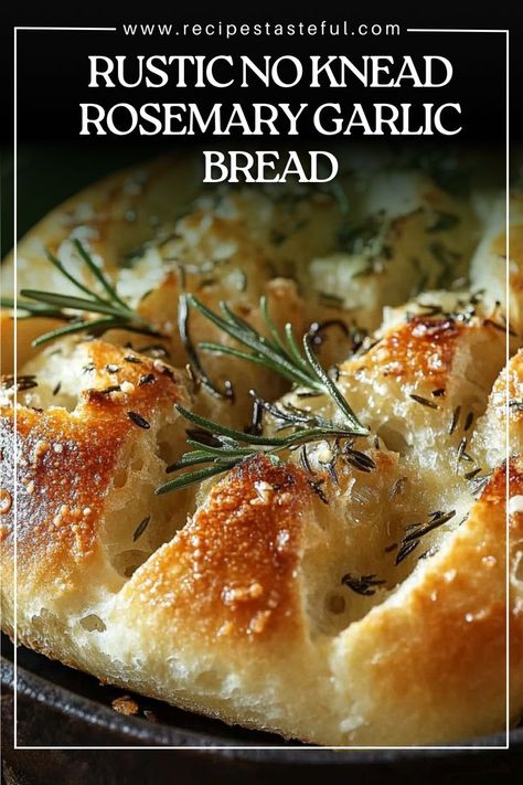 This Rustic No Knead Rosemary Garlic Bread is an easy-to-make, flavorful loaf that requires no kneading. Infused with fresh rosemary and garlic, it’s perfect for accompanying soups, salads, or as a hearty side at any meal. With a golden crust and a soft, airy interior, this bread is a delightful addition to your table. Rosemary Garlic Bread Recipe, Rosemary Garlic Bread, Airy Interior, Rosemary Bread, Homemade Rolls, Artisan Bread Recipes, Garlic Bread Recipe, Rustic Bread, Rosemary Garlic