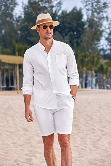 White Beach Outfit, Mens Elastic Waist Pants, Mens Linen Outfits, Beach Outfit Men, Mens Linen Shorts, White Party Outfit, Party Outfit Men, White Linen Shirt, Cocktail Outfit