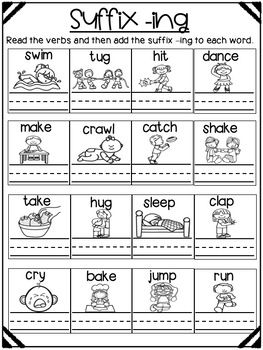 These 3 worksheets will give your students extra practice writing words with the suffix -ing.  Great for homework or just extra practice in the classroom. One Syllable Words, Suffixes Anchor Chart, 1st Grade Writing Prompts, Suffix Activities, Suffixes Worksheets, Ing Words, Vowel Teams, First Grade Phonics, Prefixes And Suffixes